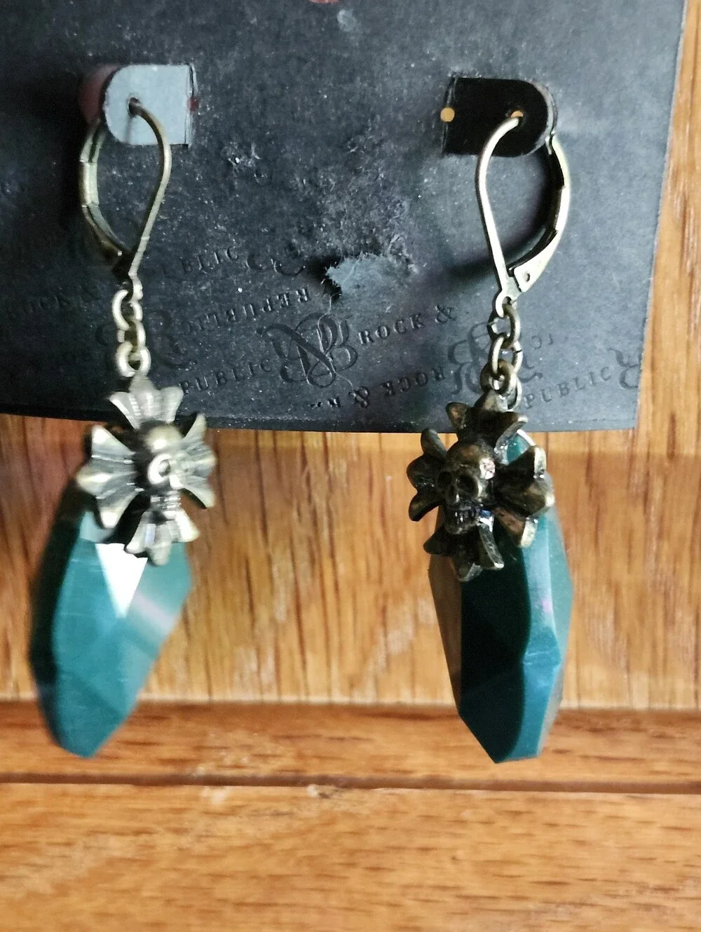 Rock & Republic Teal Faceted Teardrop Earrings with Skull Flower Accents